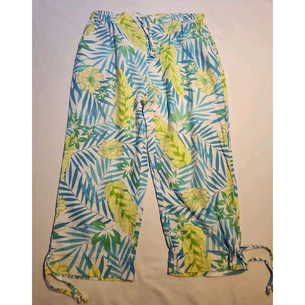 Erica Tropical Floral Palm Print Capri Pants Blue Yellow Elastic Waist Cropped
